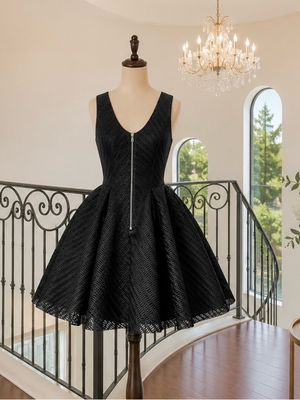 Maje Black Textured Mini Dress with Front Zip